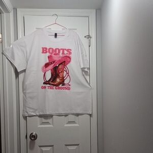 White T-Shirt with Pink Hat & Brown Boots With Pink Designs,  New.